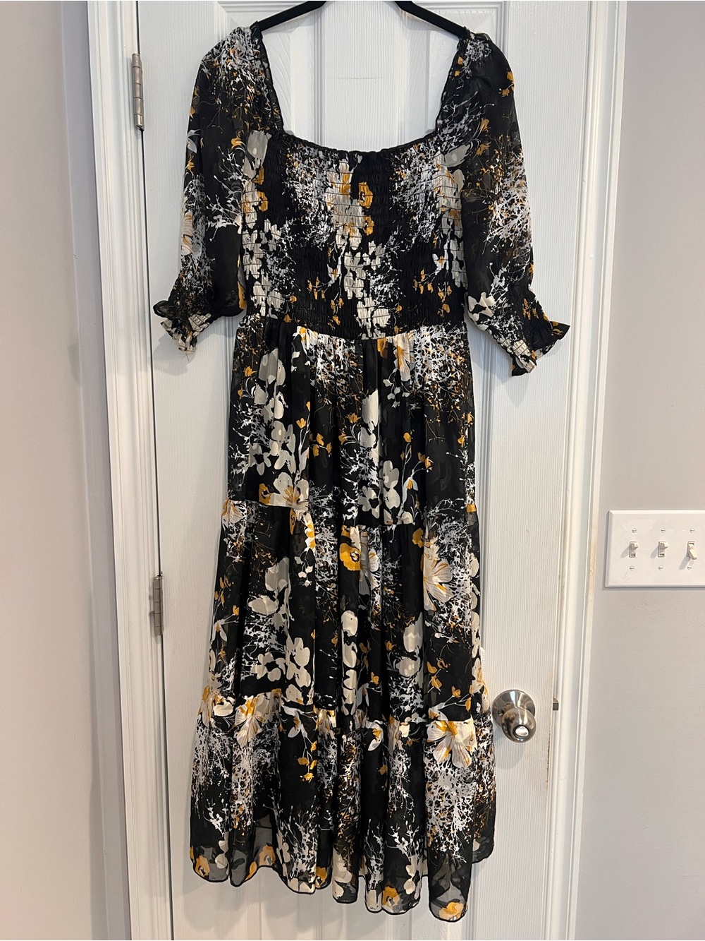 Baltic Born Black White Gold Floral Tiered Smocked Midi Dress Wedding Guest M